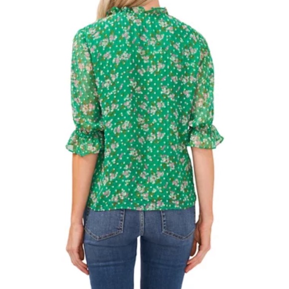 CeCe Women's Split Neck Printed Clip Dot Blouse XL Green - Picture 2 of 6